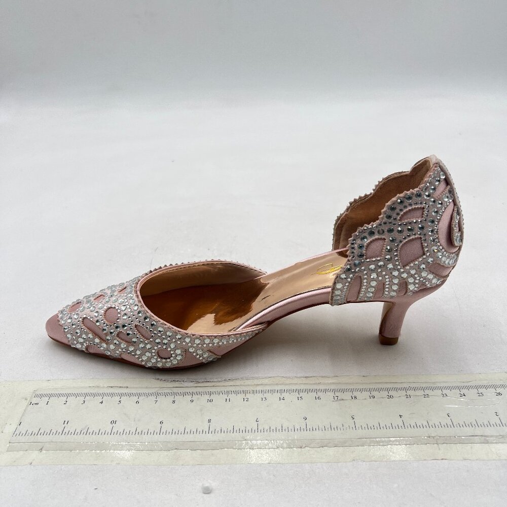 XYD Pink Pointed Toe D'Orsay Kitten Heel Rhinestone Studs Slip-On Satin Shoes